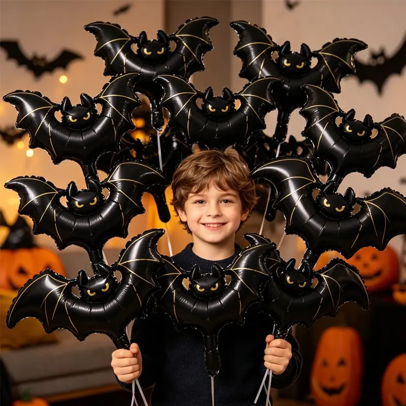 10pcs Halloween Mini Bat Foil Balloons, Kids Trick-Or-Treat Party Gifts, Indoor Home Party Decorations, Photo Booth Toys for Boys and Girls