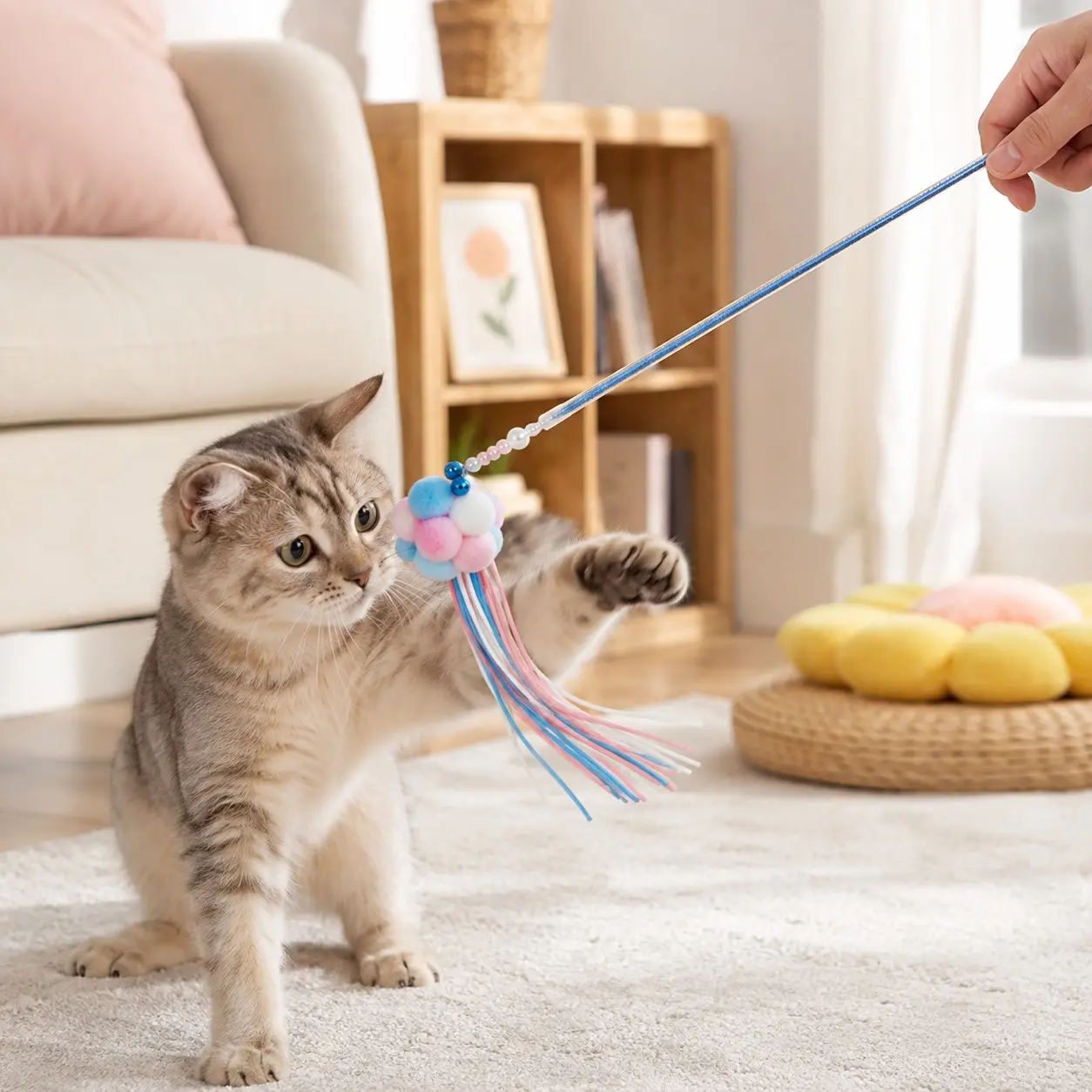 Interactive Cat Toy Set with Bell Wand, Yarn Ball, and Feather Ball, Indoor Cat Play Toy, Engaging and Entertaining Cat Toys