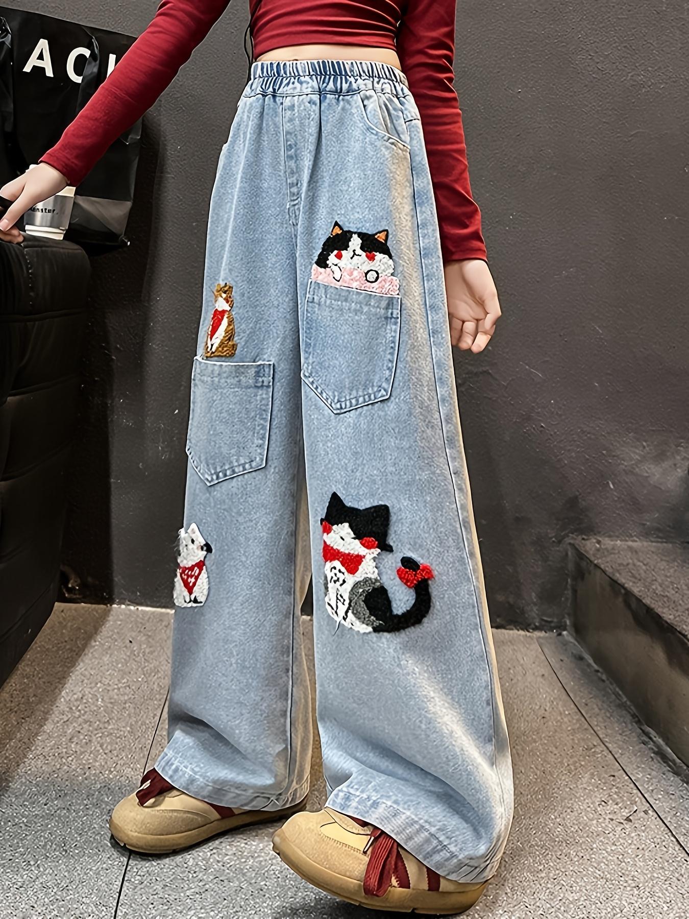 (New)Elastic Waist Straight-Leg Loose Fit - Girls' Cartoon Animal Embroidered Jeans - Casual Pants with Cute Cat & Dog Designs - Light Blue Denim for Spring Summer Fall - Outdoor Play, Dance, and School - Cute Jeans - Playful Design - Comfortable Fit