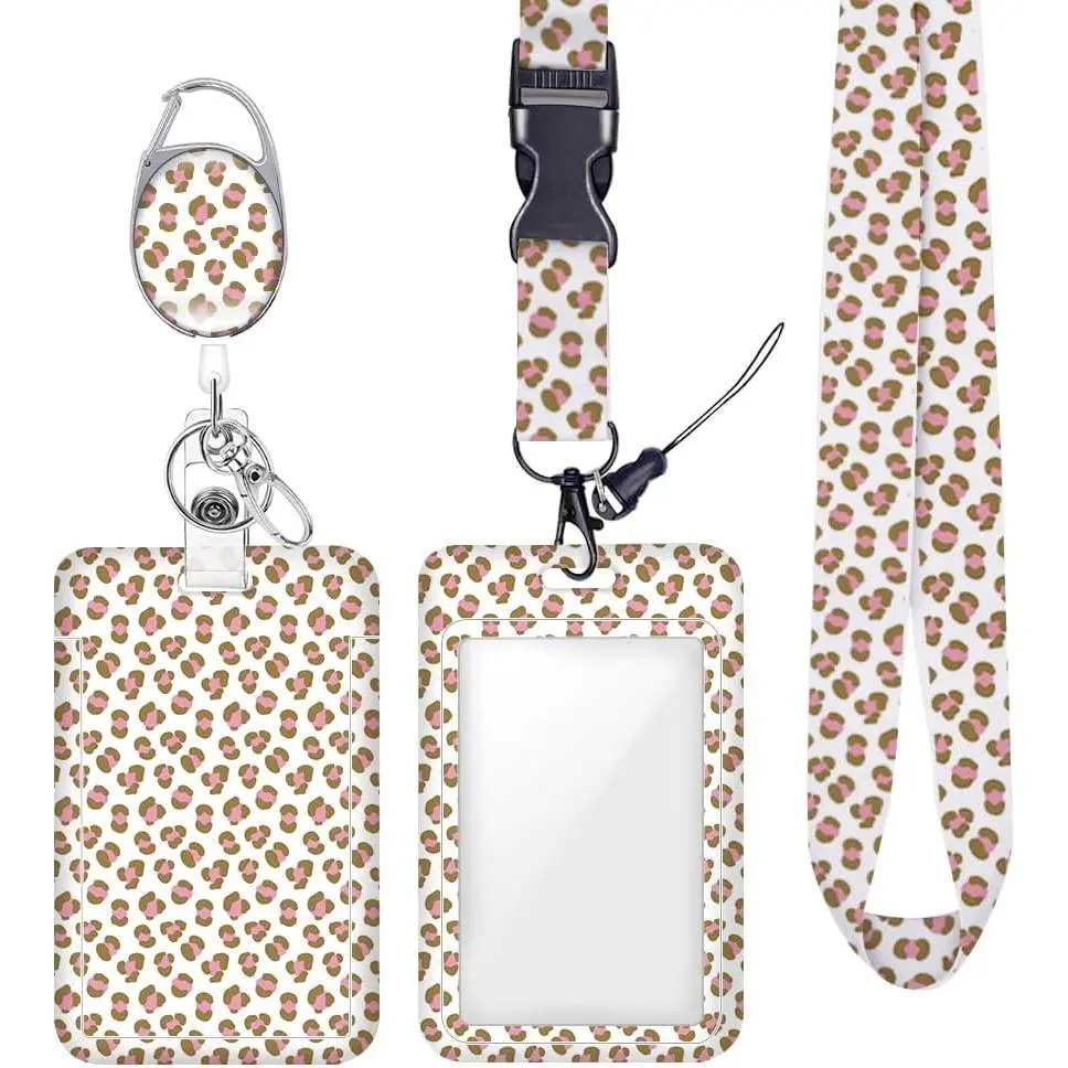 Leopard Print ID Badge Holder Badge Reel Lanyards for ID Badges Work Vertical Protector Retractable Carabiner Clips Heavy Duty Key Lanyard for Women Nurse Week  Teacher Office Gifts