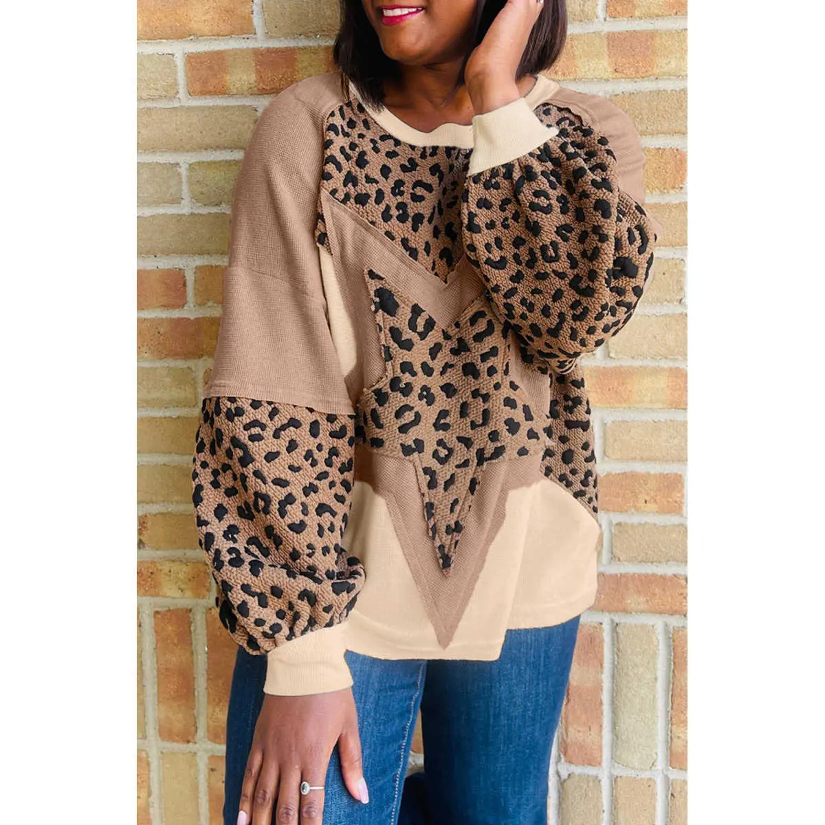 Women's Leopard Star Color Block Patchwork Textured Baggy Sweatshirt