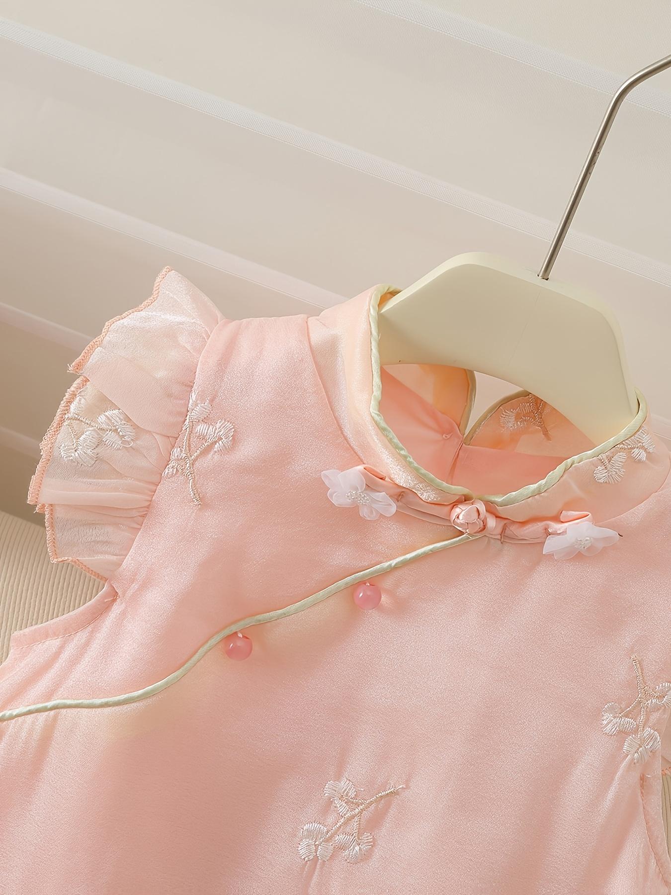 NewNew Style Children's Girls' Embroidered 2pcs Set, New Chinese Style "Mu Yun Sha" Princess Outfit, Three-Dimensional Flower Sleeveless Top + Elastic Waist Shorts, Super Sweet and Cute Pink Vacation Set, Lightweight and Comfortable, Perfect for Outdoor