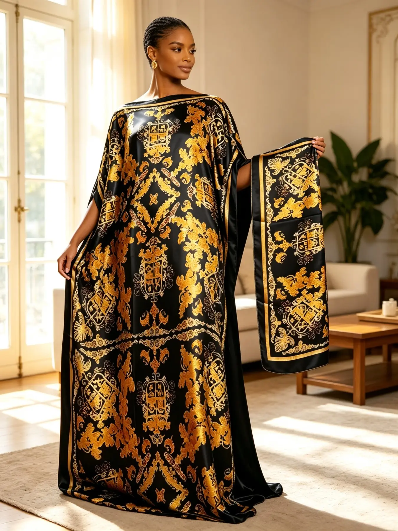Plus Size Women's Two-Piece Satin Kaftan Set, Gold Baroque Royal Print Long Split Sleepwear with Matching Scarf, Loose Fit for Beach & Vacation, Beach Kaftans