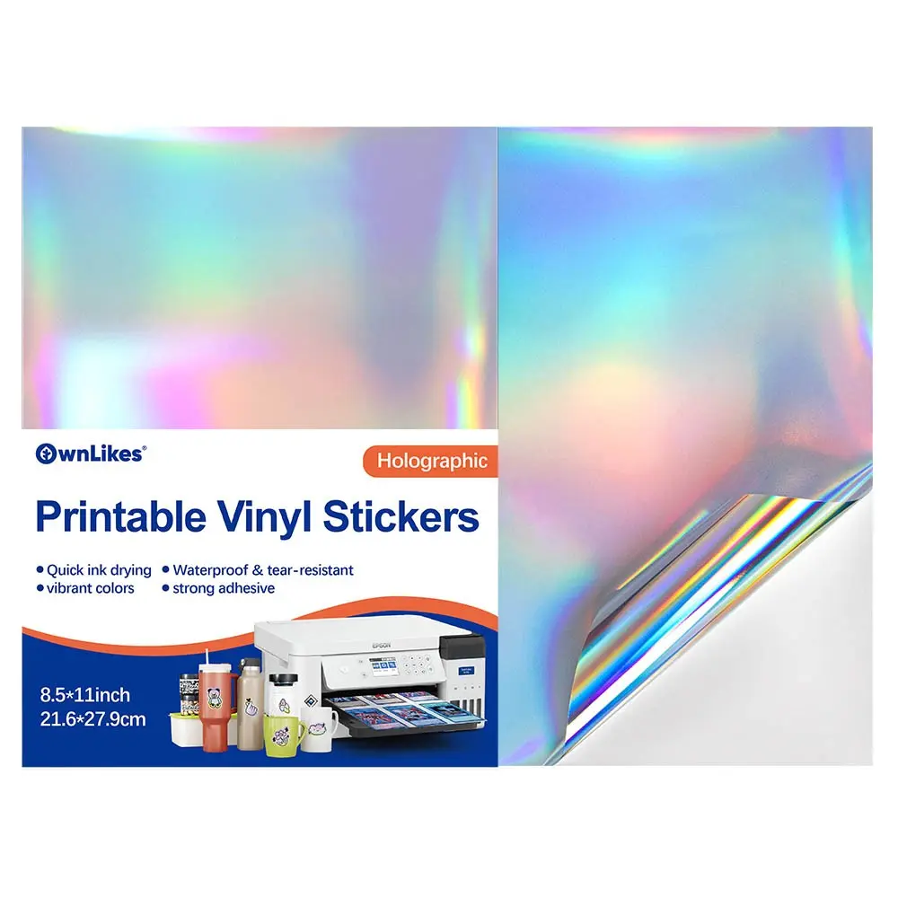 Premium Printable Vinyl Sticker Paper for Inkjet and Laser Printers – 18 Sheets of Waterproof, Tear-Resistant Holographic (Rainbow) Stickers (8.5 x 11 Inches); Fast-Drying Ink, Ideal for Cutting Machines