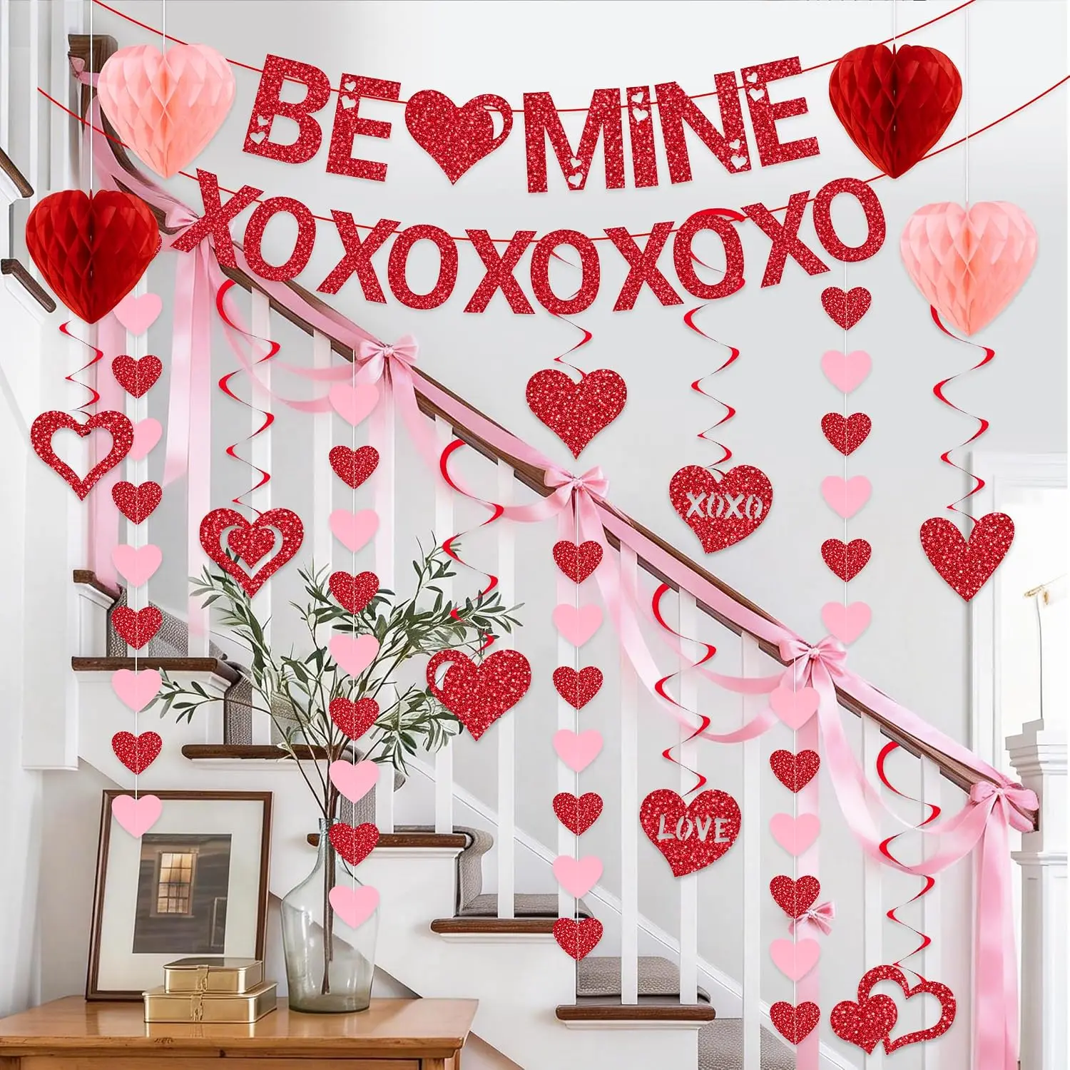 Pre-Strung Valentines Day Decorations, Red BE Mine XO Valentine's Banner,Heart Garlands &  Swirls & Heart  for Party Supplies, Valentines Decor  Anniversary Wedding Bedroom