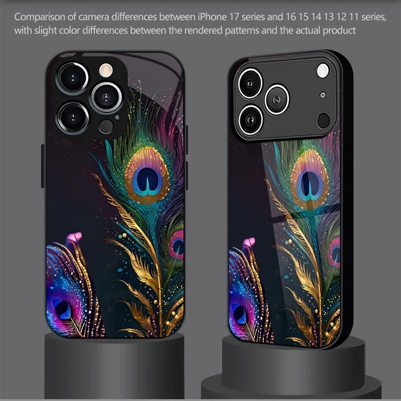 Phone case: Peacock Feather Colorful Shimmering Print Pattern Elegant Style Tempered Glass Phone Case with Minimalist Design, Compatible for iphone17 17Air 16 Pro 15 Promax 14 Plus 13 12 11