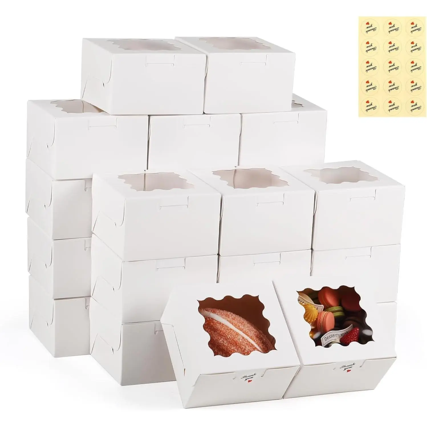20 Pack 4 Inch Cookie Boxes with Window,  Paper White Bakery Box | Small Bakery Boxes with Stickers for Mini Cake  Dessert Pastry Donuts Macaroon Strawberries