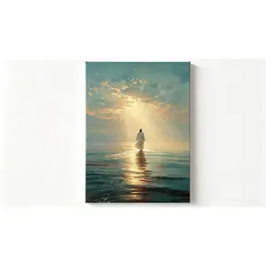 Jesus Walking On Water Canvas Wall Art, Divine Light Christian Poster, Spiritual Religious Decor for Home, Ready to Hang Faith Artwork