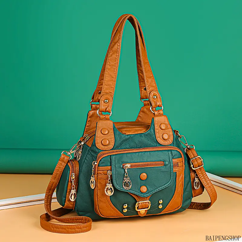 Women's Retro PU Leather Color-Contrast Shoulder Bag - Large-Capacity Multi-Layered Crossbody Purse with Detachable Strap, Versatile Daily Handbag for Commuting, Shopping