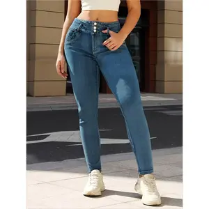 Washed Purple Front Button Pocket with Metal Eyelets, Elastic Slim Fit, Tight Fitting, Hip Lifting, Small Feet, Fashionable And Casual Women's Jeans