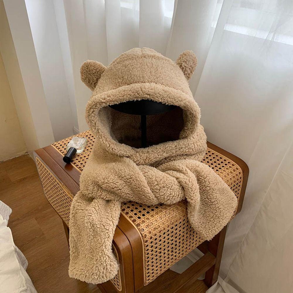 Sweet 3 in 1 Bear Ear Plush Beanie Thickened Ear Protection Plush Scarf Hat Gloves Earmuffs Warm Fleece Scarves Hat Girl