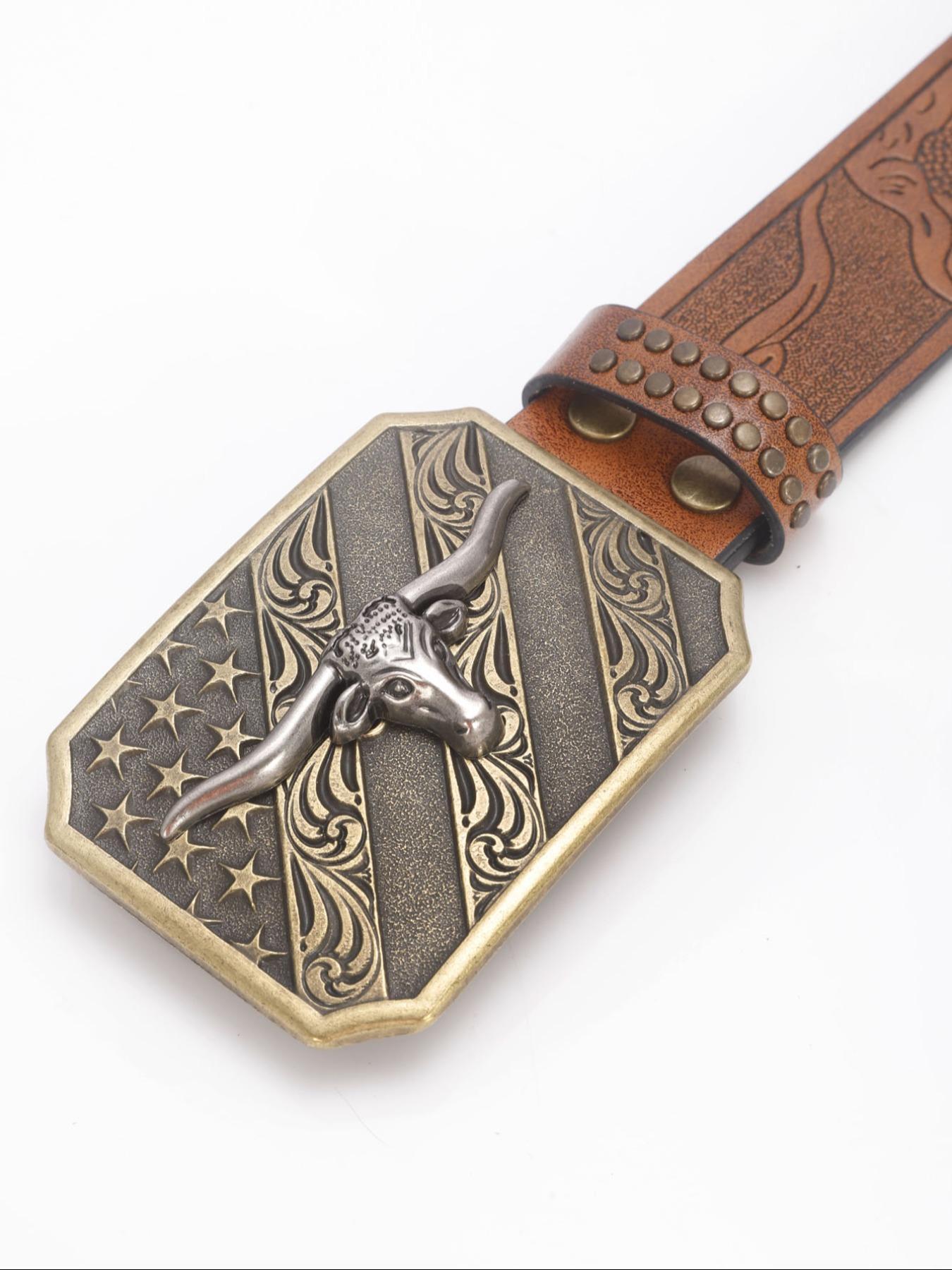 Men's Vintage Western Belt, Retro Style Flower Embossed Buckles Pu Leather Belt, Fashion Accessories for Daily Wear