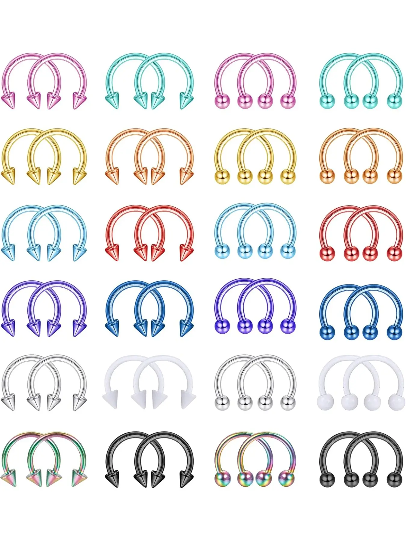 48pcs 16g Surgical Steel Horseshoe Nose Septum Rings, Nose Ring Hoops, Piercing Jewelry Balls & Spikes, Cartilage Helix Tragus Earrings, 6mm-12mm
