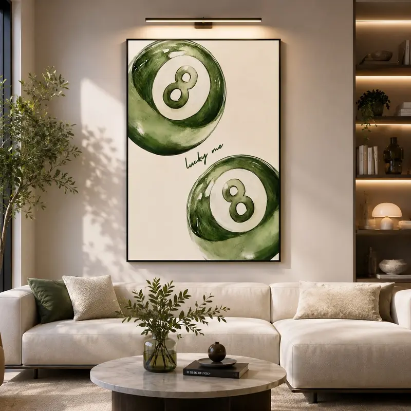 8 Ball Pool Poster - Artistic Sage Green Lucky Me Retro Billiards Wall Decor with Border, Maximalist Preppy Graphic Print for Pool Fans, Easy-Clean Home Decor for Apartment Game Room Decoration