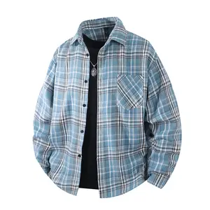 Men's Relaxed Fit Checked Long Sleeve Button-Up Overshirt - Menswear Tops with Front Patch Pocket, Drop Shoulder Silhouette, Draped Curved Hem for Vintage Casual Outfits, Layered Looks