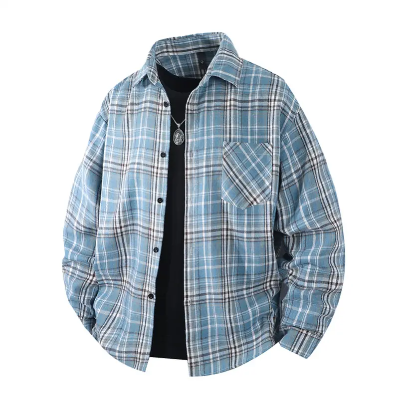 Men's Casual Plaid Overshirt, Relaxed Fit Long Sleeve Collared Button-Up with Drop Shoulder and Front Patch Pocket, Longsleeves, Vintage Casual, Foldable, Casual Cardie