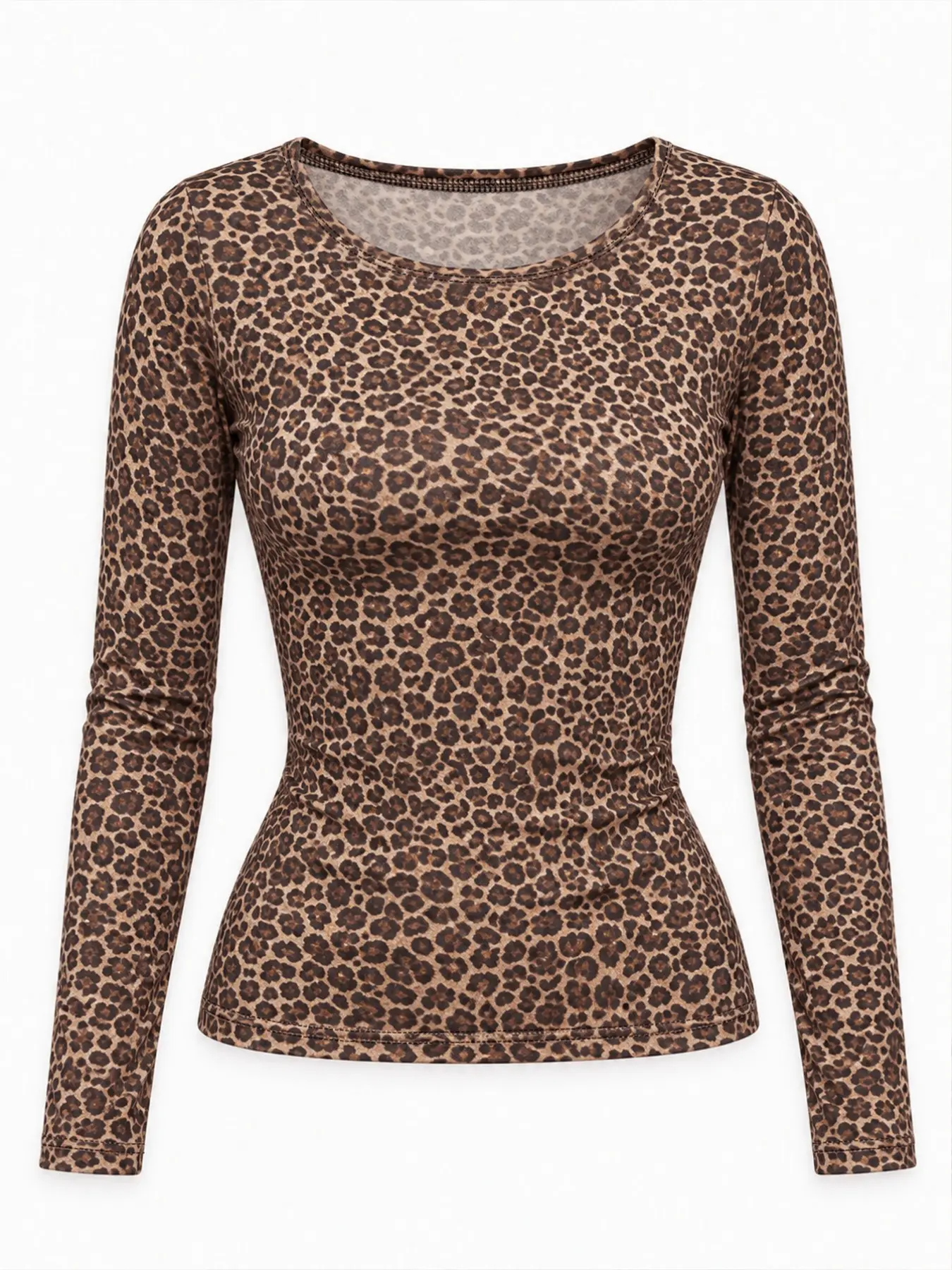 Women's Leopard Print Long Sleeve T-Shirt, Sporty Fitted Top, Casual Daily Wear, Home Office Outdoor, Trendy Retro Style, High-Quality Fabric