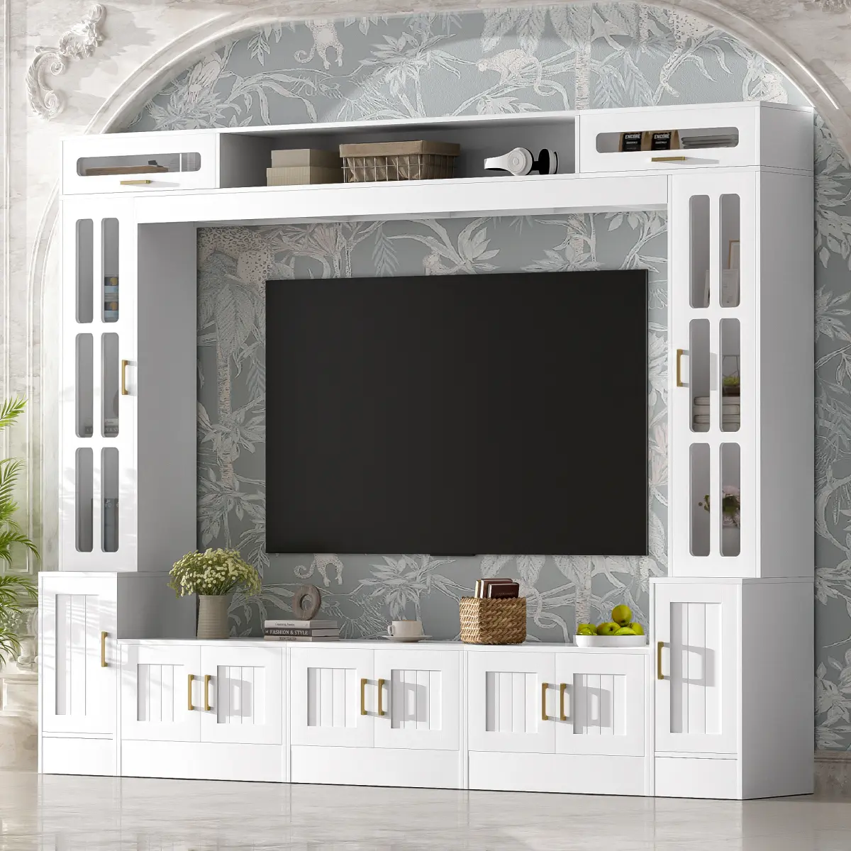 VIBE HAUS 98.4" W Wall Unit Entertainment Center with Bookshelves for TVs up to 80", Modern TV Stand Media Console with Cabinets, Tempered Glass Doors and Adjustable Shelves for Living Room