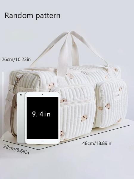 Cute bear embroidered cream white travel bag, large capacity and multiple pockets, portable crossbody gym bag, multi-compartment fashionable and exquisite crossbody bag, suitable for short trips, etc.