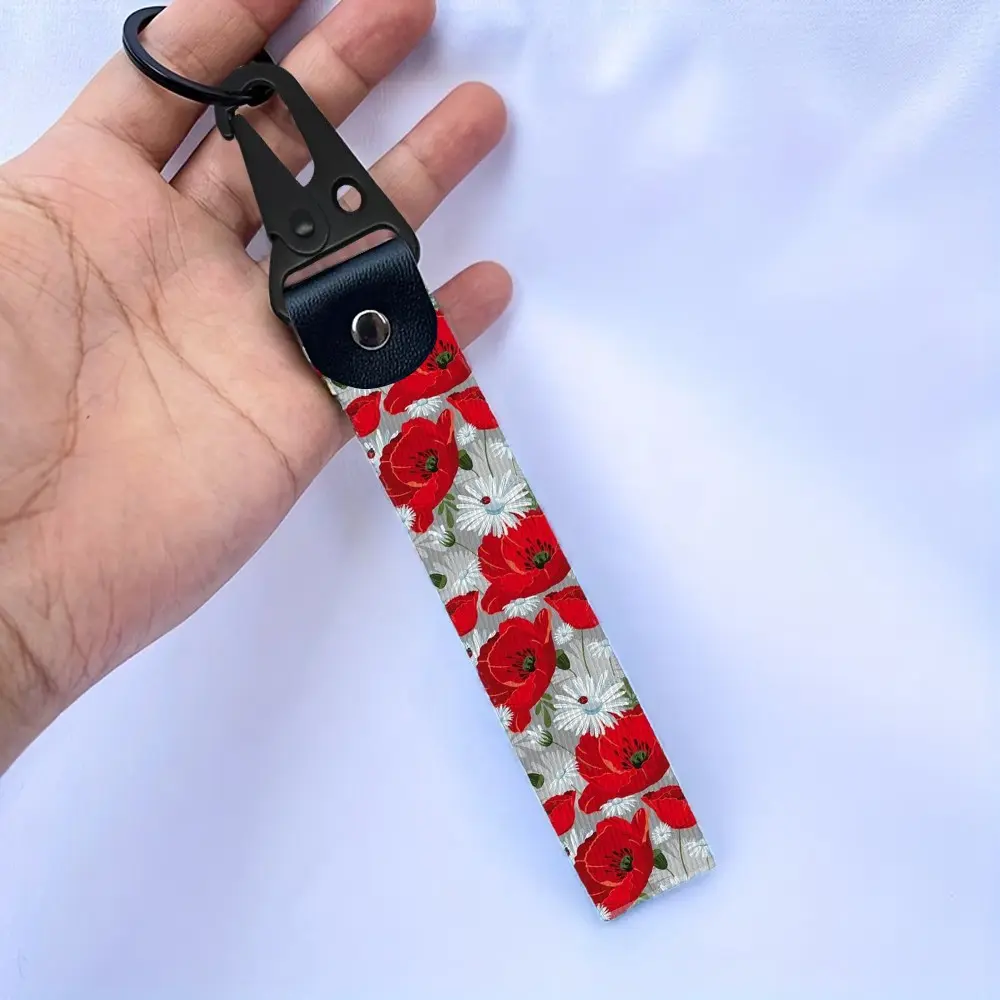 Cartoon Large Flower Pattern Keychain, Style Car Motorcycle Webbing Lanyard, Vehicle Key Ring, Fashionable Accessory