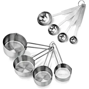 Stainless Steel Measuring Cups and Spoons Set, 8-Piece Metal Measuring Set for Baking, Cooking, Dry and Liquid Ingredients, Restaurant Grade, Silver