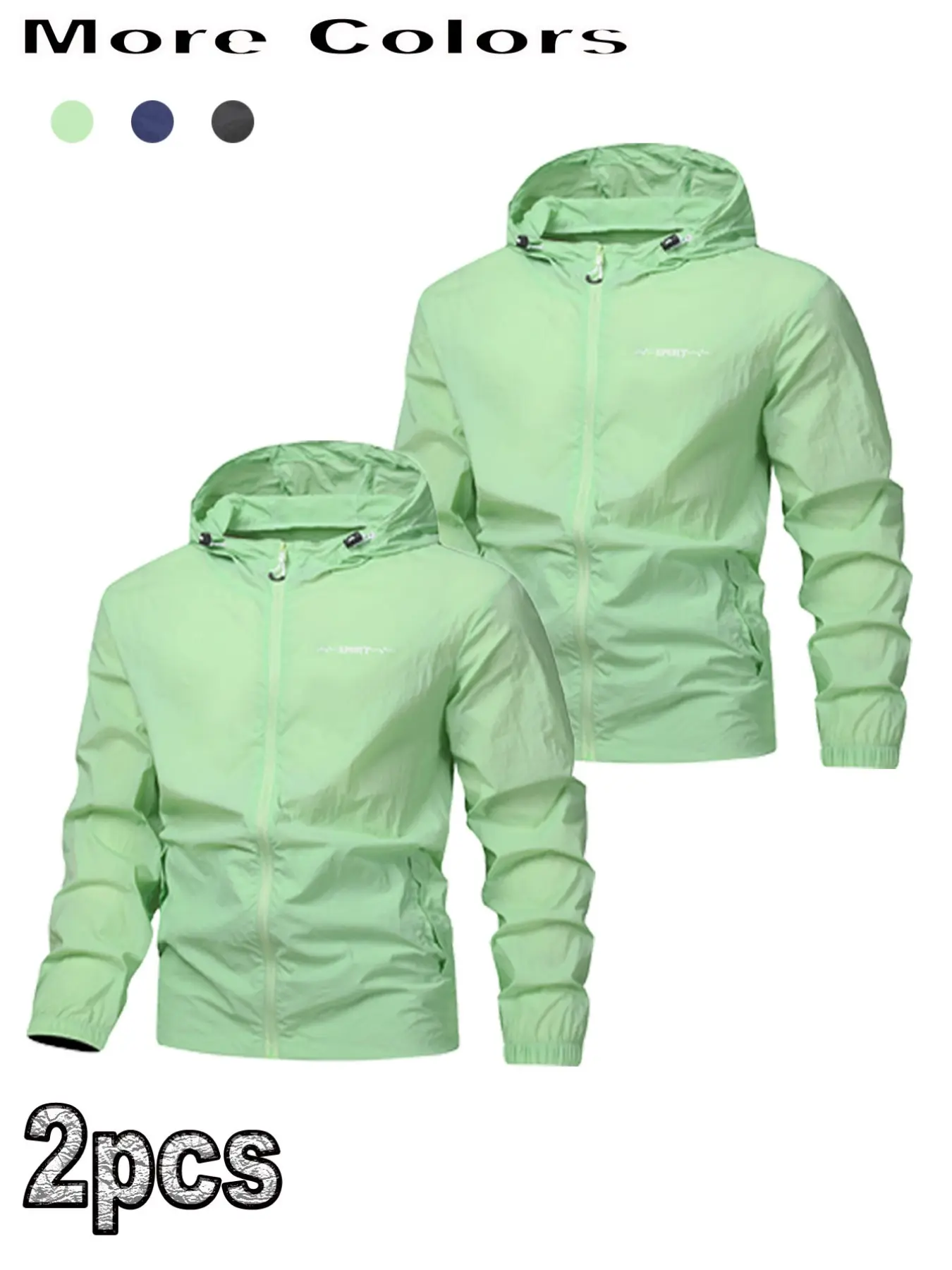 2pcs Men's Sporty Hooded Sun Protection Jacket, Breathable Outdoor Workout Coat, Casual All-Season Apparel, Unisex Design, Sportswear Jacket