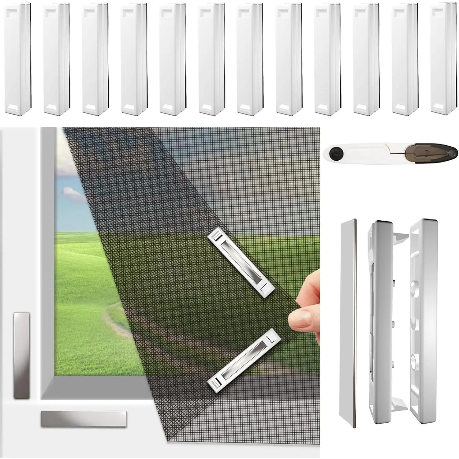 Window Screen, DIY Window Net Max 59" x 51" with Innovative Fastener, Fiberglass Fine Mesh, Window Mesh with 12 Magnets, Window Screens for Windows