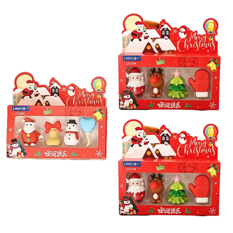 3 Boxes 3D Christmas Erasers Bulk Santa Tree Reindeer Shapes Cartoon Pencil Erasers Cute Festival Surprise Gift Creative Xmas Party Supplies
