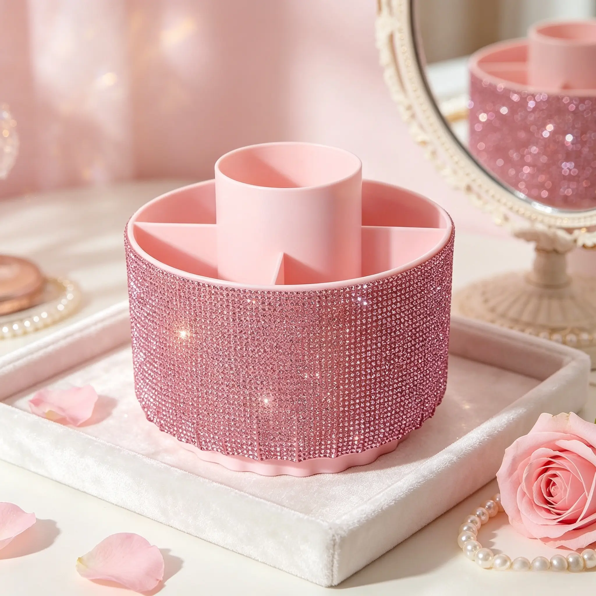 Desktop Rotating Multi‑Grid Makeup Organizer With Exquisite White/Pink Rhombus Rotating Lid, Freestanding Desktop Storage, Sort Brushes, Nail Tools, Skincare And Perfume, Space‑Saving For Vanity, Home & Office Use.