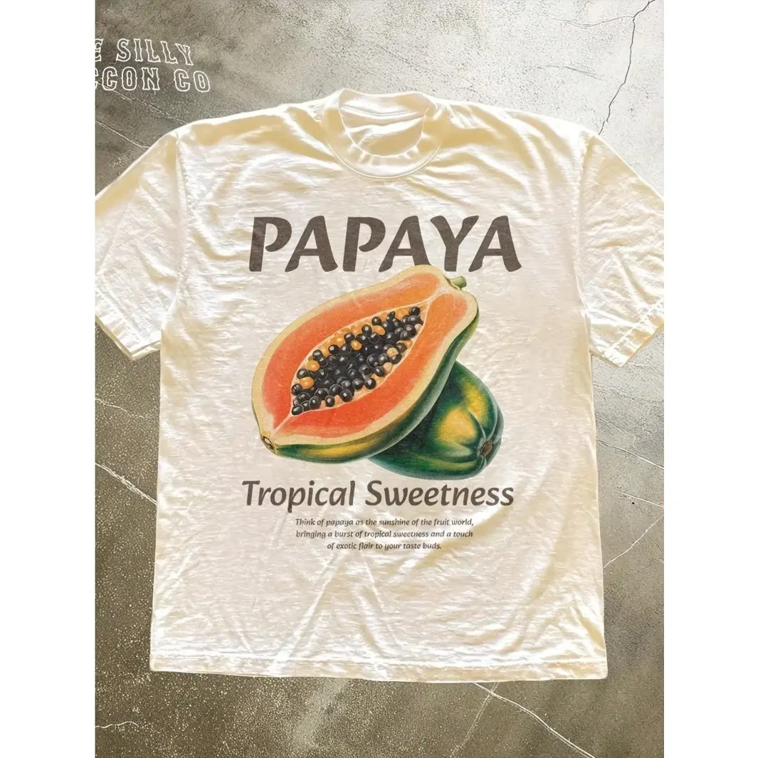 Cotton Short Sleeve T Shirt Papaya Graphic Printed Tropical Fruit Style Soft Breathable Casual Top For Women Summer Daily Wear Beach Vacation Cute Pattern Aesthetic Comfortable Clothes For Teen Girls