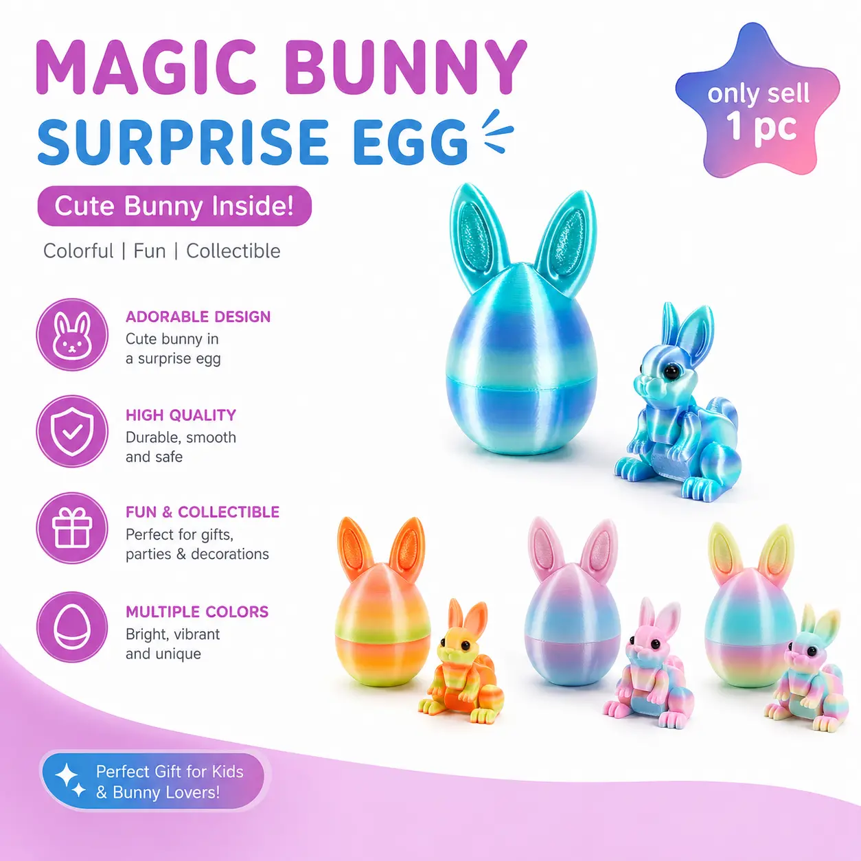 3D-Printed Bunny Egg Set with Rabbit-Ear Shell Design, Easter Home Decor Ornaments, Holiday Gift for Kids for Valentine’s Day, Birthdays and Parties-YY0