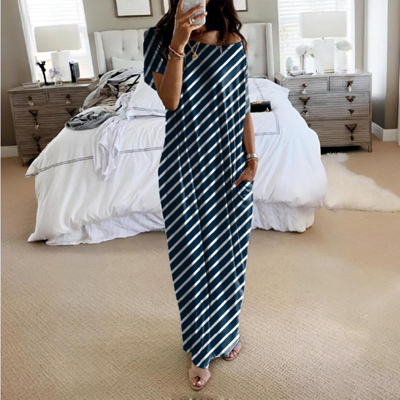 Women's loose casual striped dress, roundneck short sleeves comfortable home wear,elegant Victorian style for autumn and winterSeasons