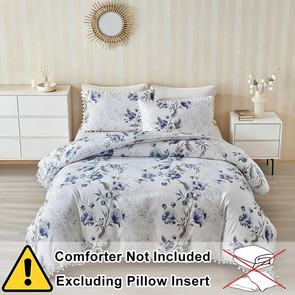 Blue floral duvet cover set 2/3 set (1 duvet cover + 1/2 pillowcase), with fringed ball design, bohemian style, Boho bedding set, 9 sizes, four-season bedding set, with zippers and corner ties, suitable for bedrooms, guest rooms