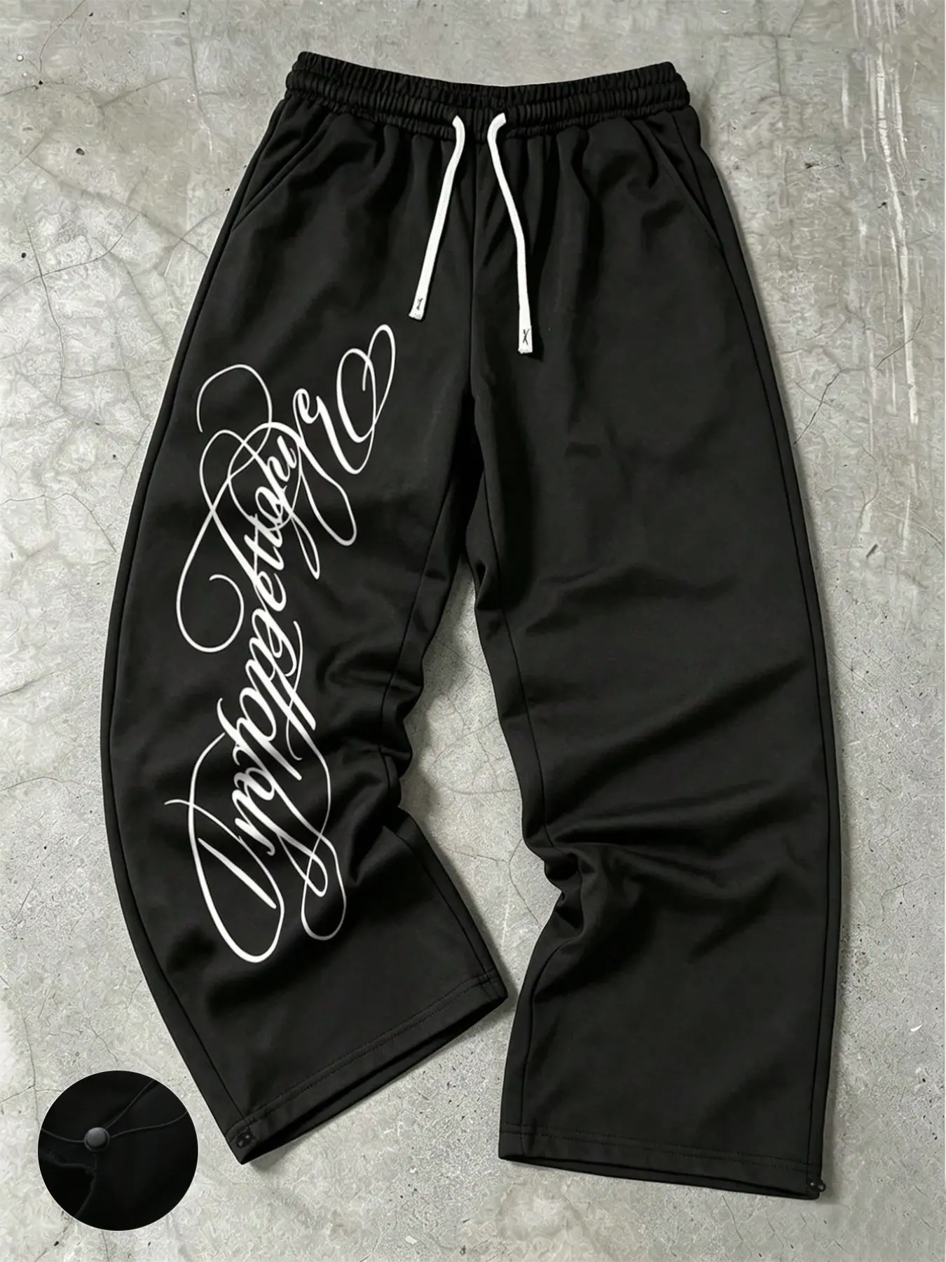 Unisex Graphic Cursive Script Wide Leg Sweatpants Vintage Streetwear Baggy Joggers Adjustable Cinch Bottom Track Pants Elastic Waist Casual Hip Hop Trousers Athleisure Style Bottoms