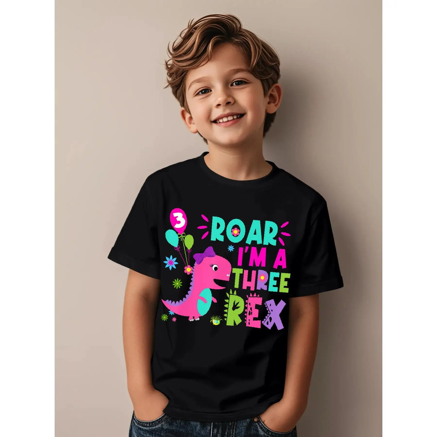 Kid's 3-Year-Old Dinosaur Lover Graphic T-Shirt - "Roar I'm A T-Rex Birthday Girl" Funny Aesthetic Street Style Top