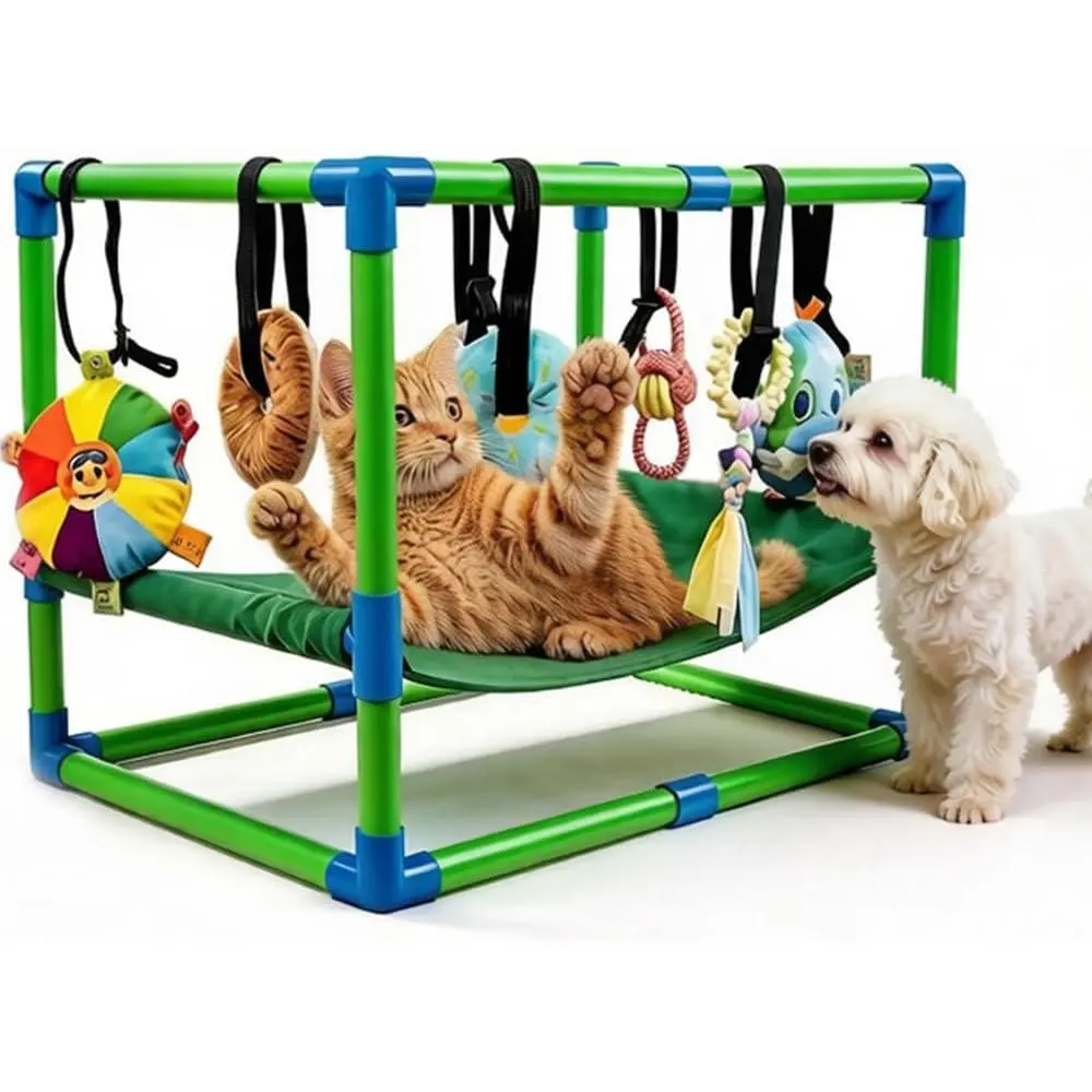 Puppy Play Gym with Hammock 8 Hanging Toys, Dog Jungle Gym Indoor Pets Cats Toys, Teething Chew Toys Puppy Gym Activities Center for Cats Adjustable Playground for Small Dogs at Home PVC Frame