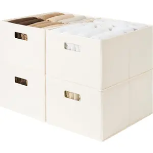 Fabric Storage Bins for Shelves, Closet Organizers and Storage Baskets, Closet Storage Bins with Cutout Handles, Large, 4-Pack, Ivory