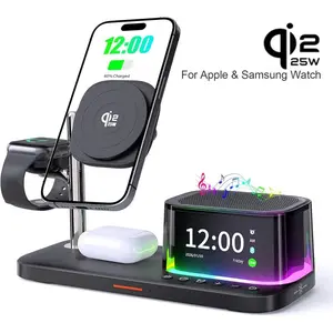 6-in-1 QI2.2 25W Wireless Charging Station, Fast Charger Stand for iPhone 17 Series & Galaxy S25/S26 , Apple Watch& Galaxy Watch, and AirPods, Alarm clock with wireless charging and Bluetooth Speaker