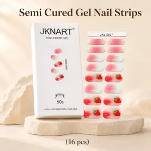 16pcs Semi-Cured Gel Nail Stickers, Strawberry Pattern, UV Curing, Salon Quality, Durable, Easy Installation, Home Manicure