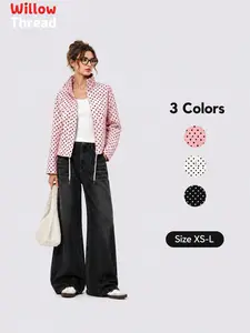 Polka Dot Short Jacket, Korean Retro Casual Style, Stand Collar Drawstring Waistcoat, Slim Fit for Petite, Daily Wear Top, Casual Zipper Jacket