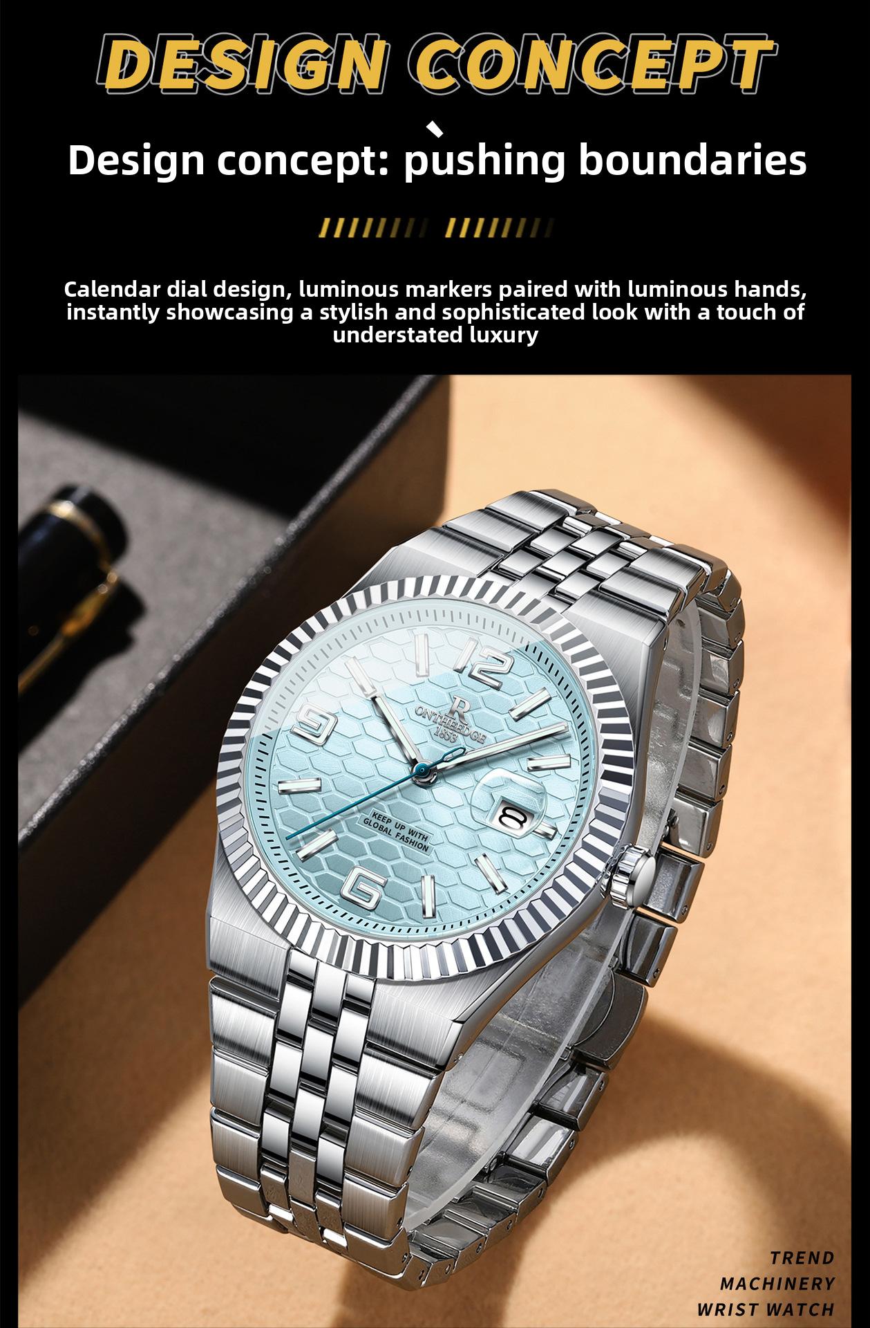 Men's Luxury Silver Stainless Steel Quartz Watch - Ice Blue Textured Dial with Fluted Bezel, Date Display, Luminous Hands, Elegant Business Dress Wristwatch, Perfect Gift for Him