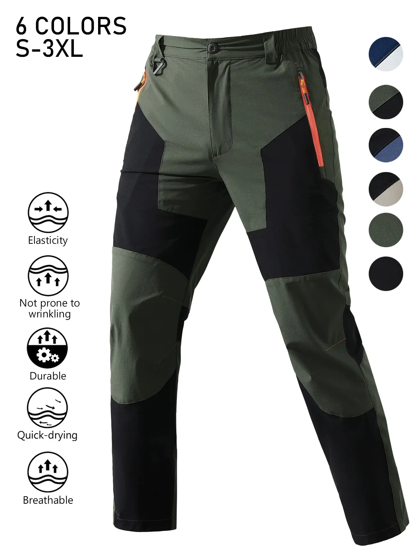 Men's Color Block Quick Dry Hiking Pants, Elastic Waist Breathable Stretch Outdoor Trekking Trousers, Wrinkle Resistant Durable Straight Pants with Zipper Pockets for Mountaineering Cycling Fishing Summer Sports Daily Wear, 6 Colors Available Sizes S-3XL