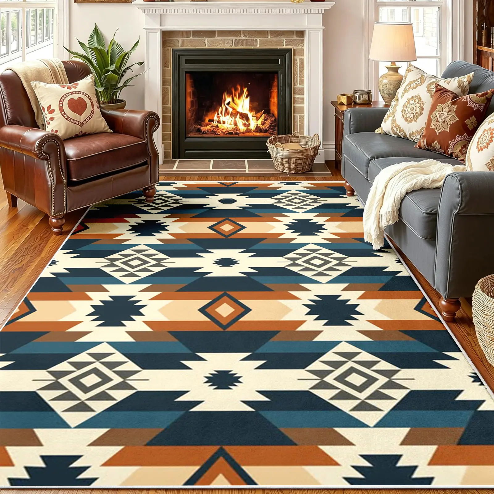 Modern Aztec Area Rug, Horizontal Zigzag Stripe with Terracotta & Denim Blue Diamond Motif, Non-Slip Washable Carpet, Soft Durable Floor Mat, Aesthetic Rugs for Living Room Bedroom Home Decor, 8 x 10 ft Area Rugs