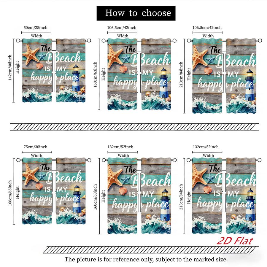 2 Pcs Coastal Beach Lighthouse Starfish Seashell Wave Pattern Digital Printed Rod Pocket Curtains for Bedroom Office Kitchen Living Room Study Home Decor