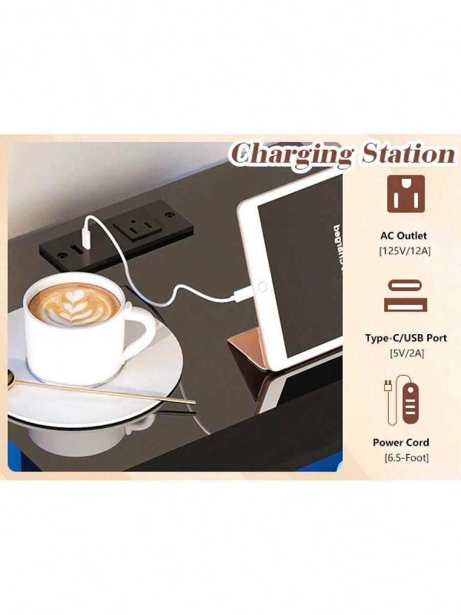 Modern Nightstand Set Of 2 With LED Lights And Charging Station, Side Tables With 2 Drawers And Open Storage Shelf, Stylish End Tables For Bedroom