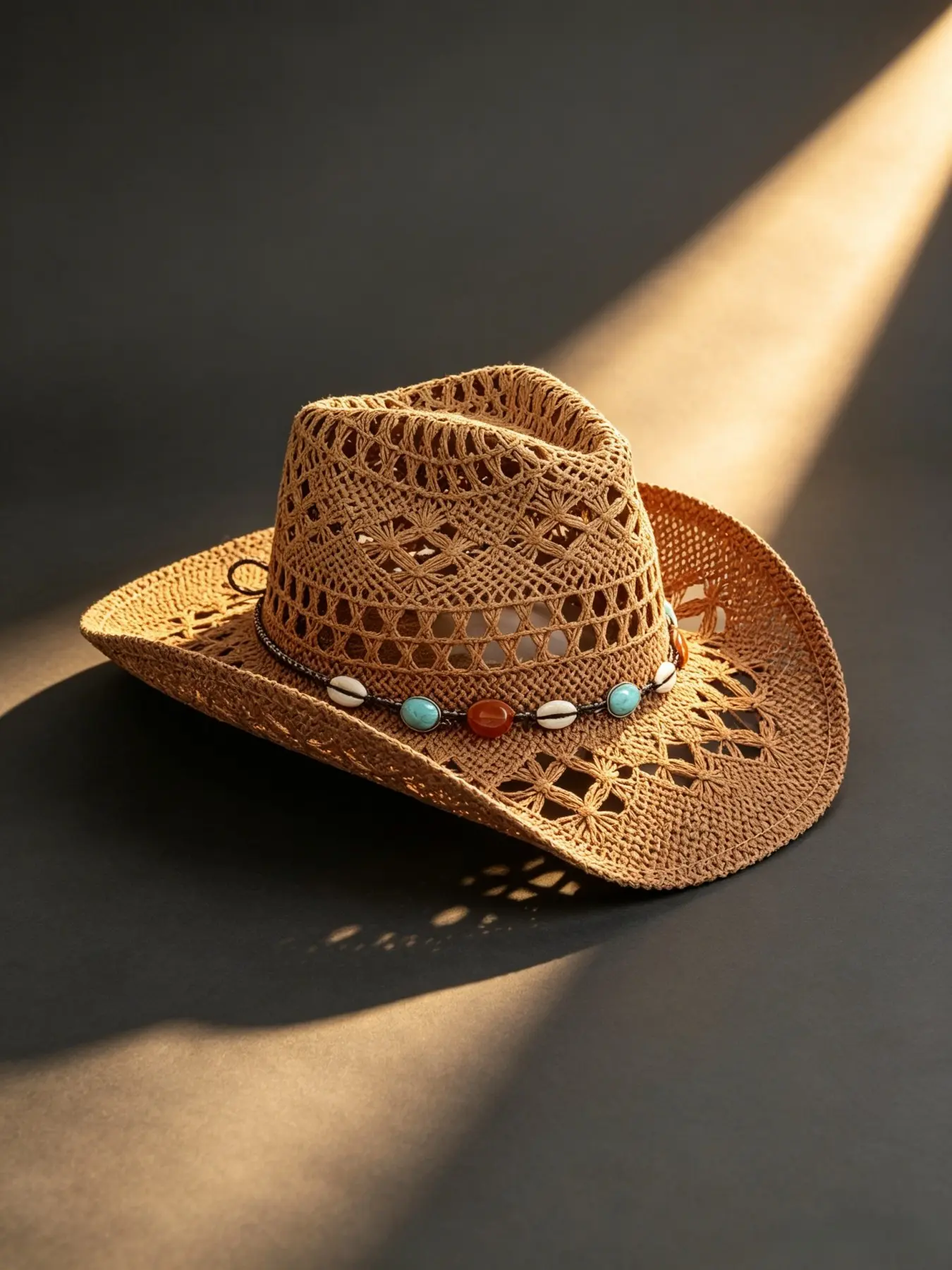 Hollow Out Straw Western Cowboy Hat, Turquoise Shell Bead Band, Boho Summer Beach Wide Brim Breathable Sun Hat, Bohemian Sun Hat, Summertime Hat