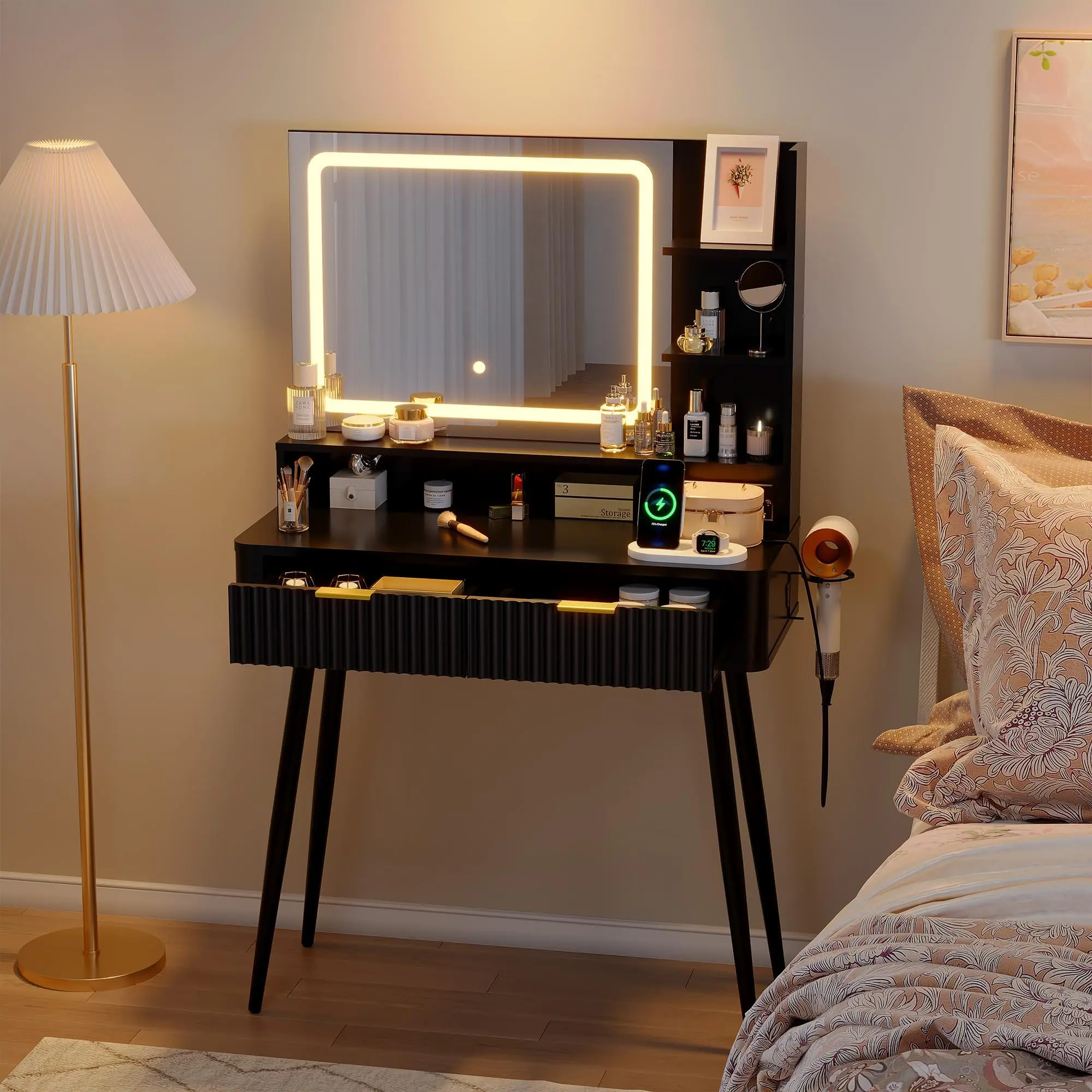 Garvee Black Dressing Table with 3-Colour LED Lighted Mirror, Small Vanity Desk Featuring Built-in UK Sockets & USB, 2 Drawers, 4 Shelves, Hair Dryer Holder, Dimensions 80x35x132cm