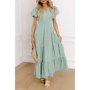 Clearly Aqua Solid Color V Neck Short Puff Sleeve High Waist Tiered Maxi Dress