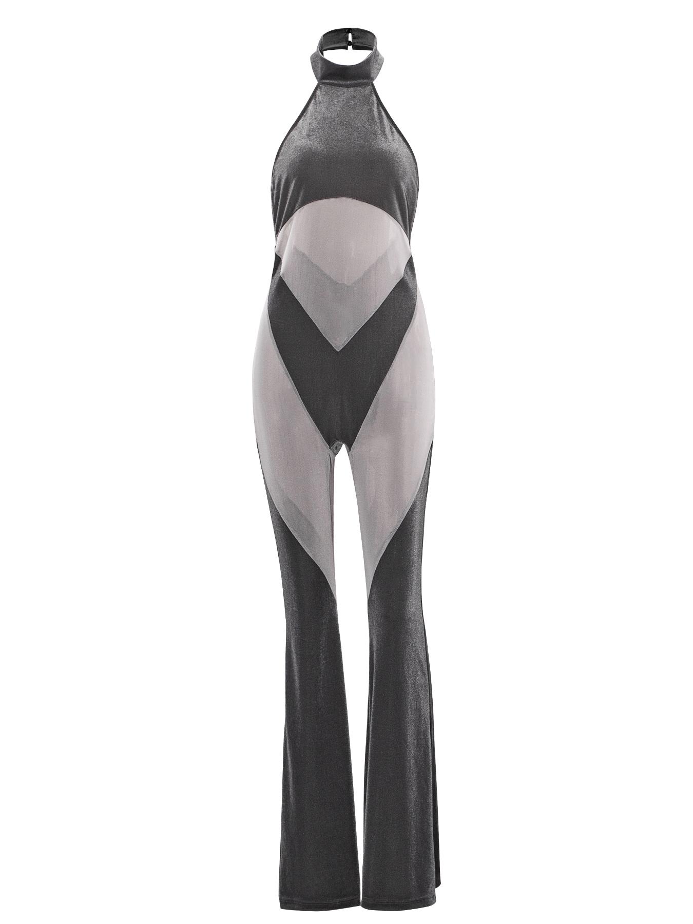 Women's Sheer Tulle Flare-Leg Sleeveless Halter-Neck Jumpsuit, Solid Drop-Waist Slim-Fit Jumpsuit for Summer, Party and Club