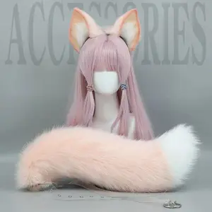 Pink Plush Lolita Fox Cat Ears and Tail Cosplay Props Handmade Furry Beast Headband Simulation Anime Cosplay Kawaii Accessories